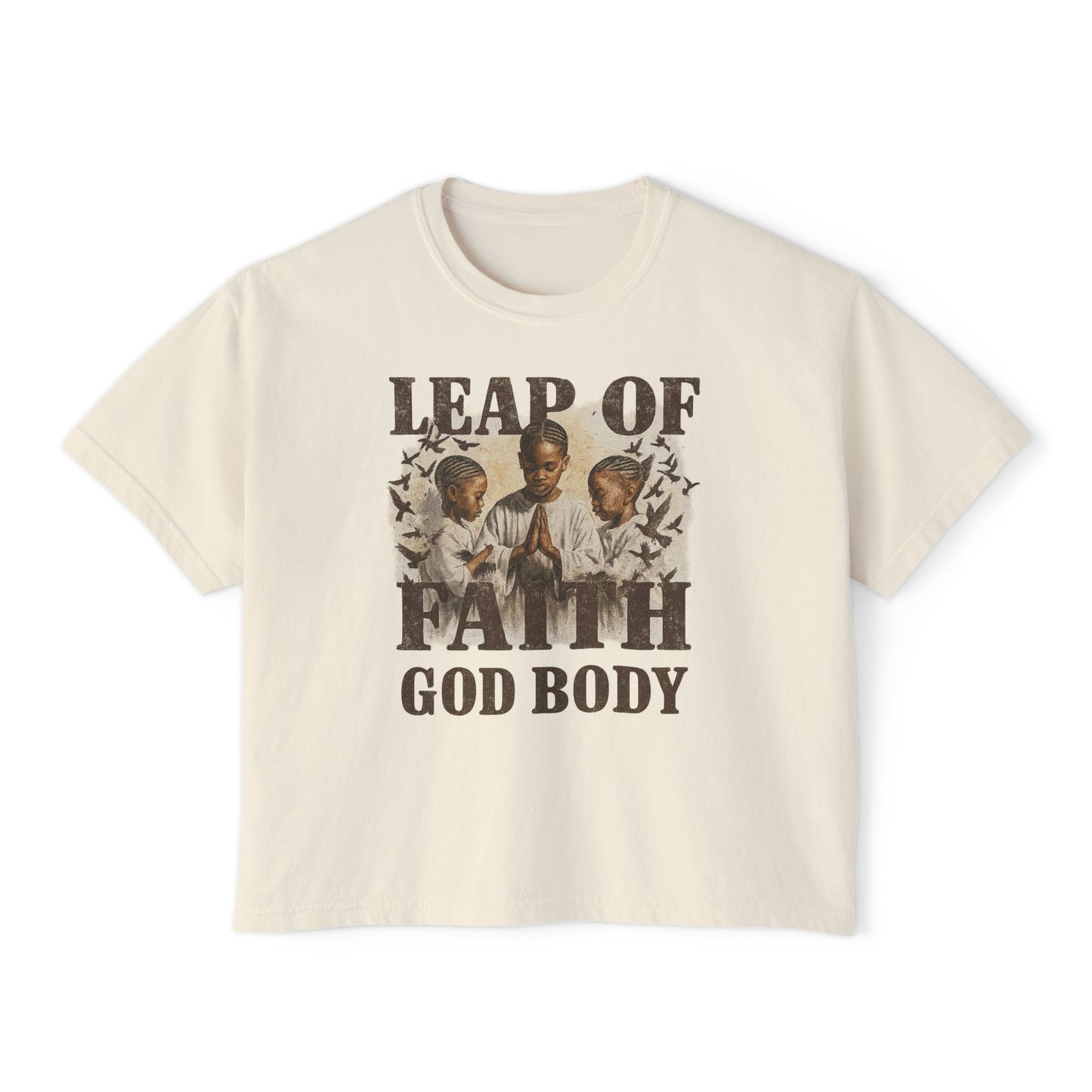 Leap of Faith God Body Boxy Tee — Vintage Prayer Graphic Women's T‑Shirt