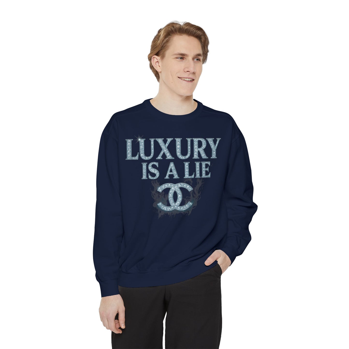 "Luxury Is A Lie" Graphic Sweatshirt with Distressed Logo