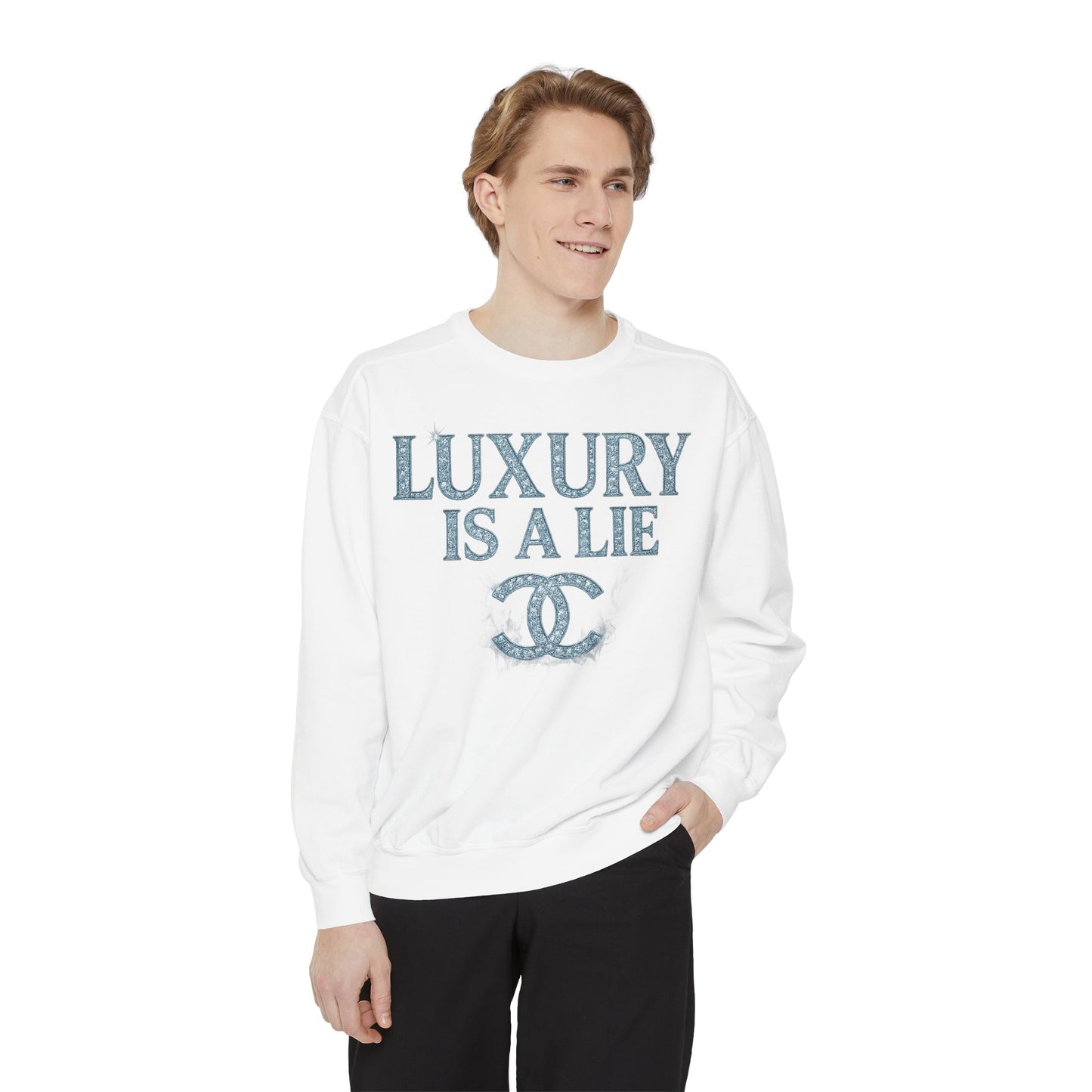 "Luxury Is A Lie" Graphic Sweatshirt with Distressed Logo