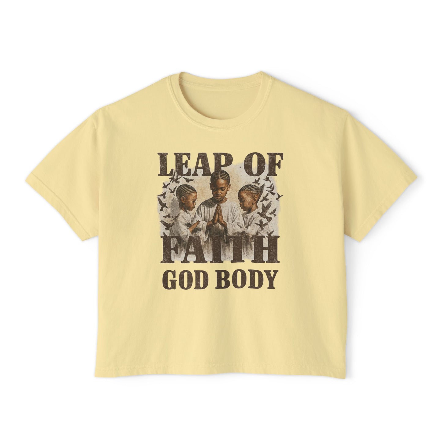 Leap of Faith God Body Boxy Tee — Vintage Prayer Graphic Women's T‑Shirt