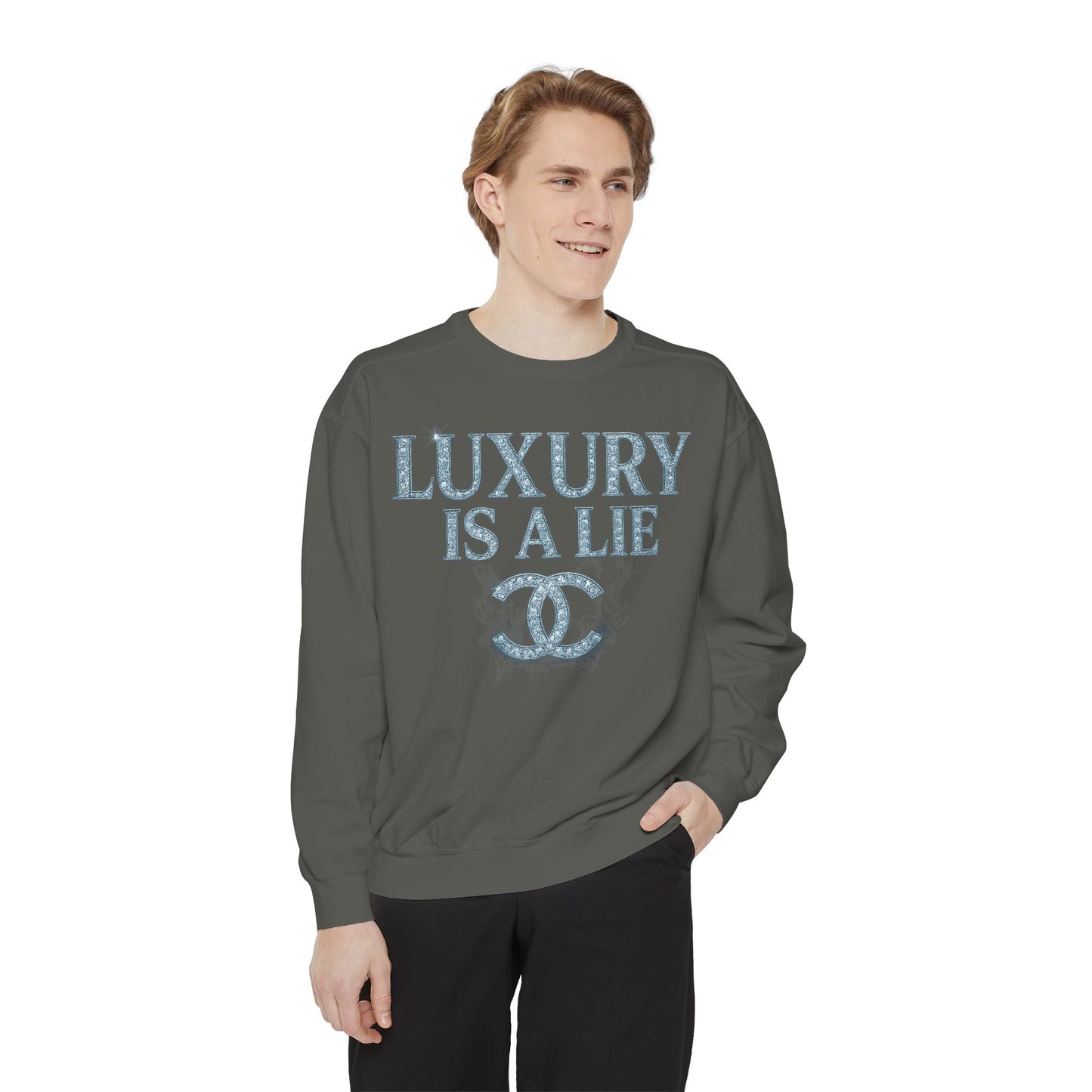 "Luxury Is A Lie" Graphic Sweatshirt with Distressed Logo