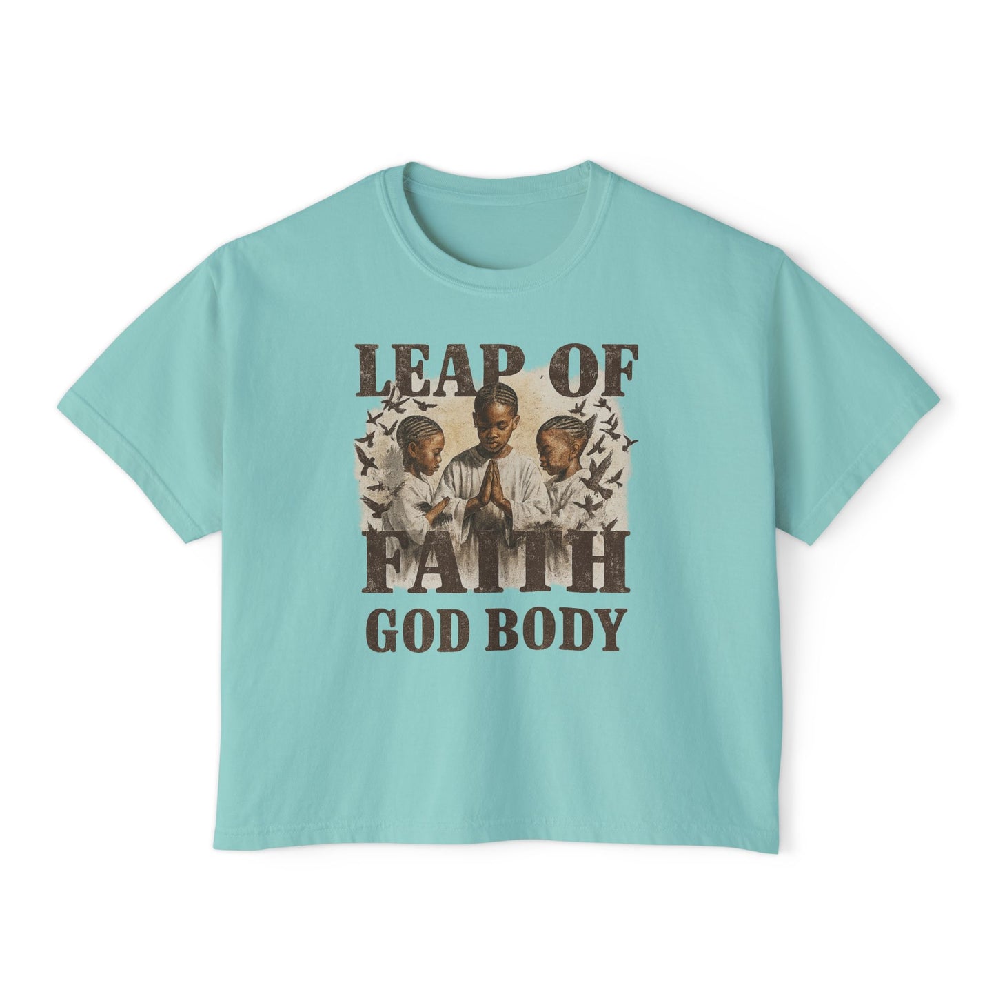 Leap of Faith God Body Boxy Tee — Vintage Prayer Graphic Women's T‑Shirt