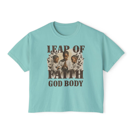 Leap of Faith God Body Boxy Tee — Vintage Prayer Graphic Women's T‑Shirt